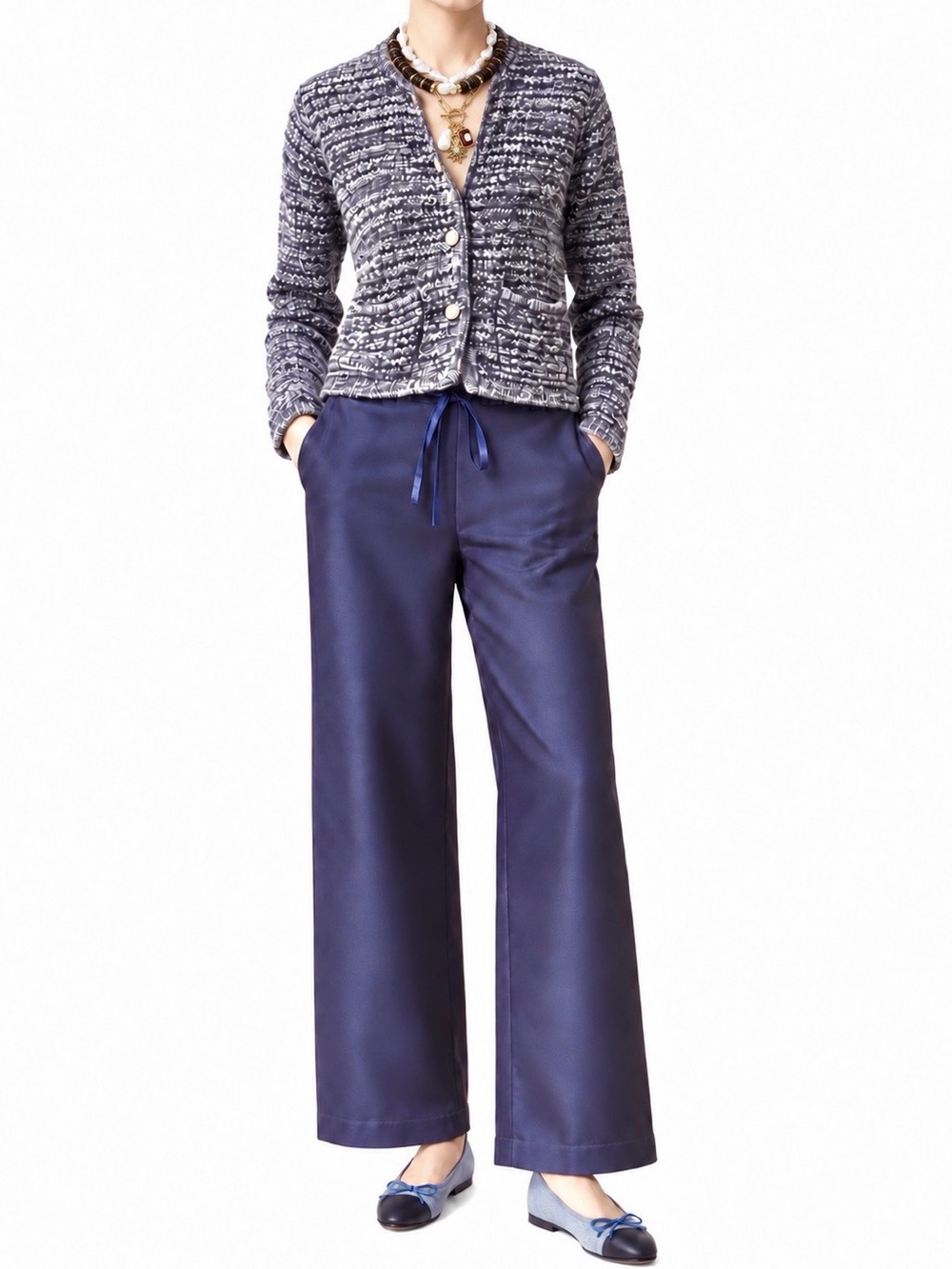 ba&sh Gaspard Navy and White Marled Knit Cardigan with Gold Buttons, size medium